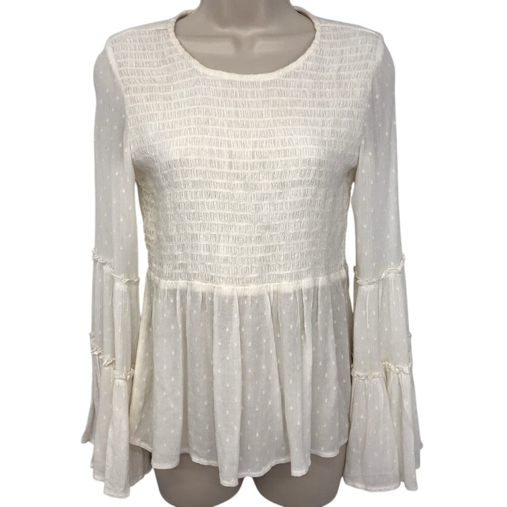 American Eagle Ivory Smocked Top Bell Sleeves Boho inspired Gauzy Dotted Swiss